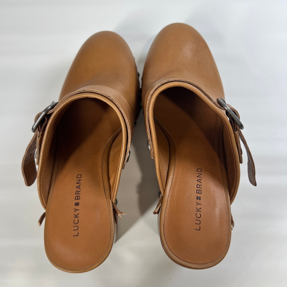 Lucky Brand Clog Heels Tan Leather Studded Braided Trim Slip-On Mule Sandals 7.5 - Picture 4 of 10